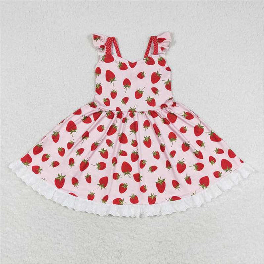 7.30 RTS NO MOQ Summer Baby Girls Dresses GSD1273 Strawberry Flutter Sleeve Knee Length Dresses