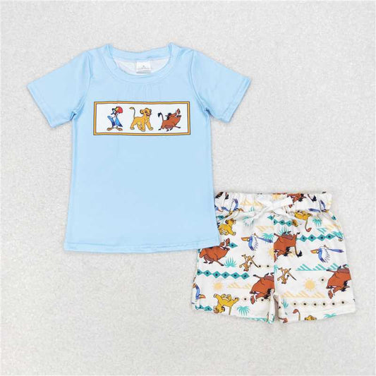 RTS NO MOQ Baby Boys kids Summer Sets BSSO0882 Lion Blue Short Sleeve Beige Shorts Set