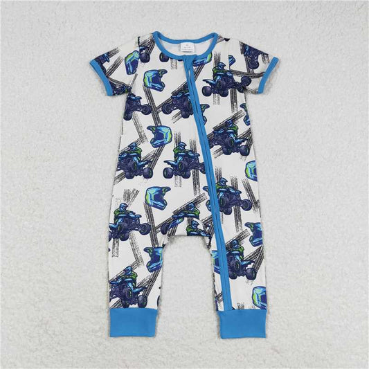 6.27 RTS NO MOQ Baby Boys Summer Bodysuit SR1379 Blue Motobike Short Sleeve Zip Rompers