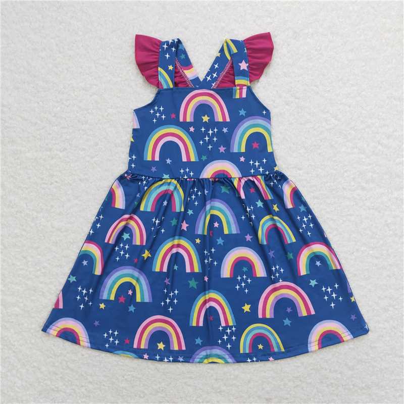 7.30 RTS NO MOQ Summer Baby Girls Dresses GSD1085 Rainbow Flutter Sleeve Knee Length Dresses
