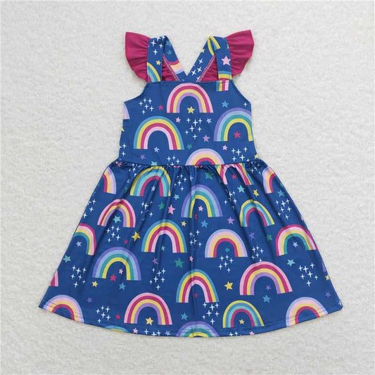 7.30 RTS NO MOQ Summer Baby Girls Dresses GSD1085 Rainbow Flutter Sleeve Knee Length Dresses
