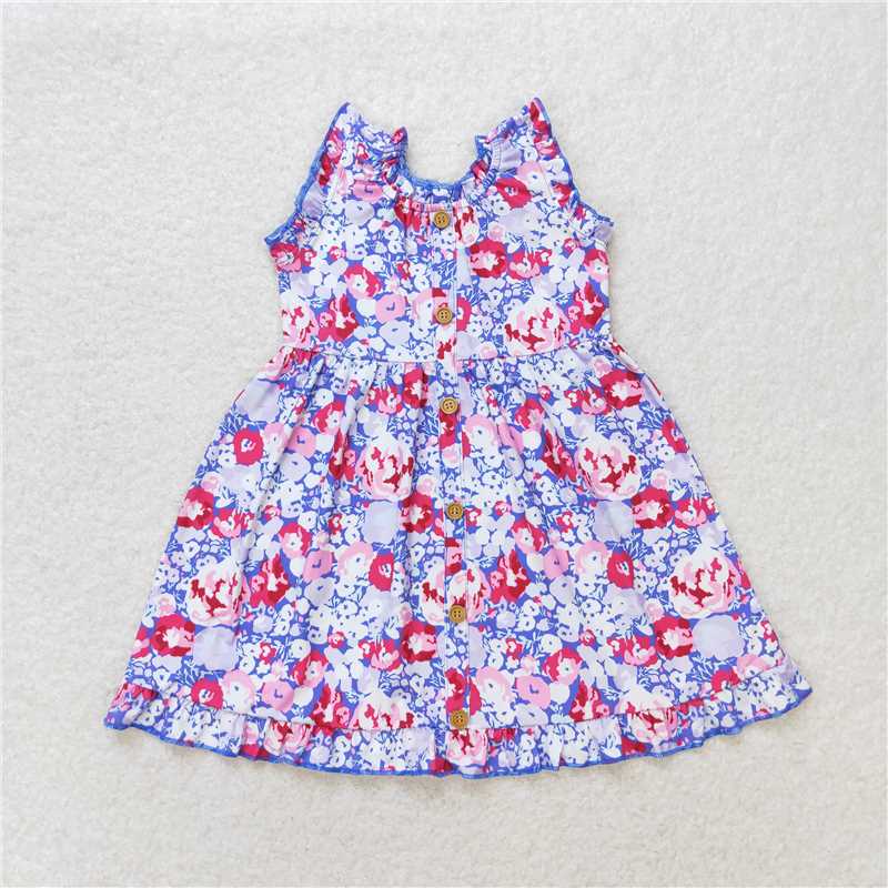 7.25 RTS NO MOQ Summer Baby Girls Dresses GSD0977 Purple Flowers Sleeveless Knee Length Dresses