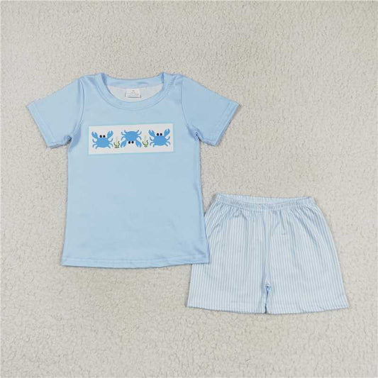 RTS NO MOQ Baby Boys kids Summer Sets BSSO0765 Crab blue short-sleeved striped shorts suit