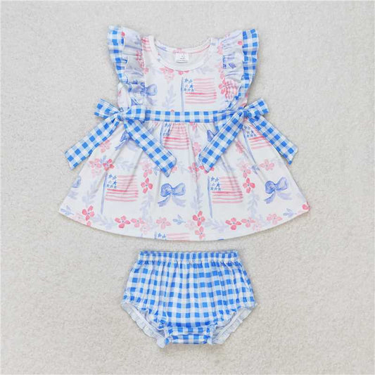 RTS NO MOQ Baby Girls Summer Outifts GBO0363 Blue Bows Flags Tunic Top Bummies Clothes Sets