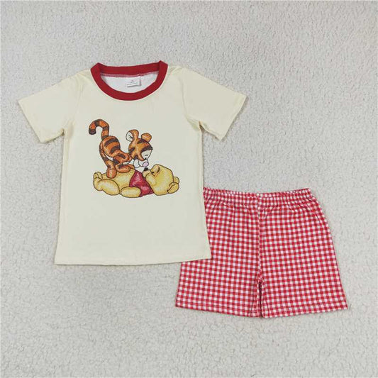 RTS NO MOQ Baby Boys kids Summer Sets BSSO0939 Beige Short Sleeve Red Plaid Shorts Set