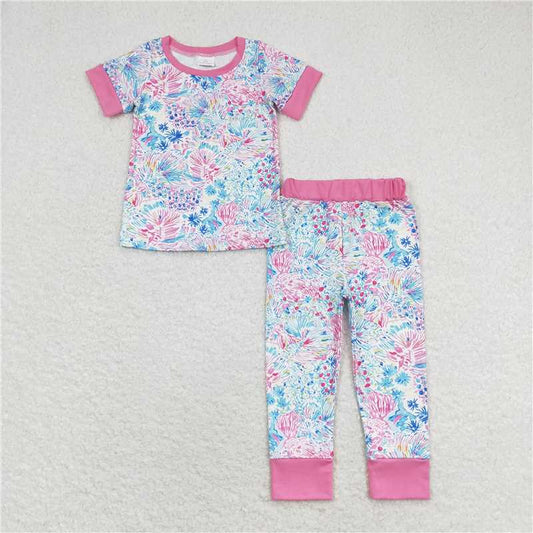 GSPO1550 Baby Girls Pink Flowers Short Sleeve Tee Shirt Pants Pajamas Clothes Sets