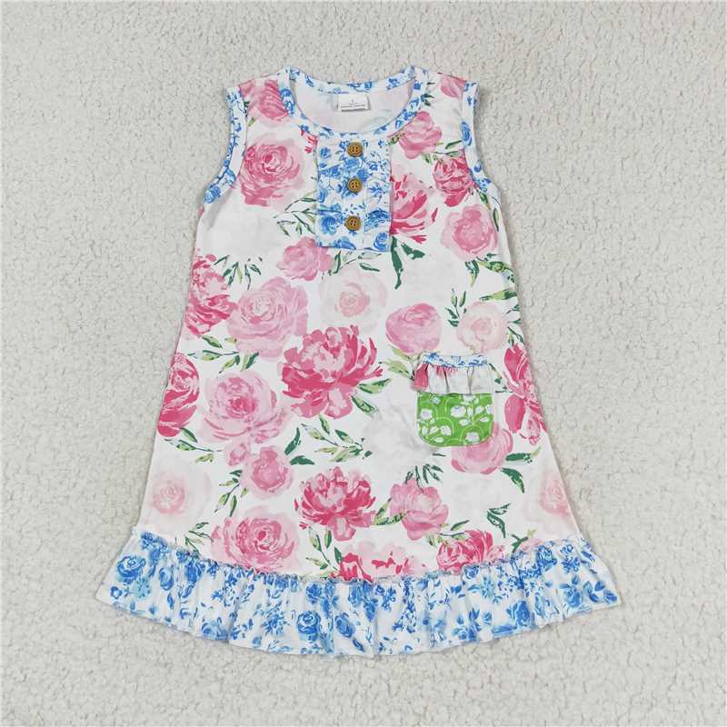 7.22 RTS NO MOQ Summer Baby Girls Dresses GSD1154 Pink Flowers Sleeveless Knee Length Dresses