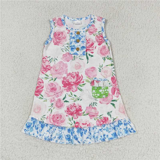 7.22 RTS NO MOQ Summer Baby Girls Dresses GSD1154 Pink Flowers Sleeveless Knee Length Dresses