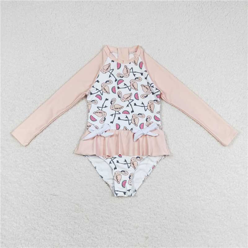 S0245 Baby Girls Flamingo Long Sleeve Pink Swimsuits