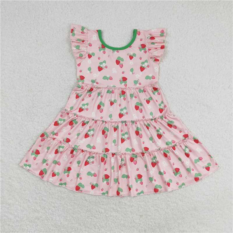 7.22 RTS NO MOQ Summer Baby Girls Dresses GSD1087 Strawberry Flutter Sleeve Knee Length Dresses