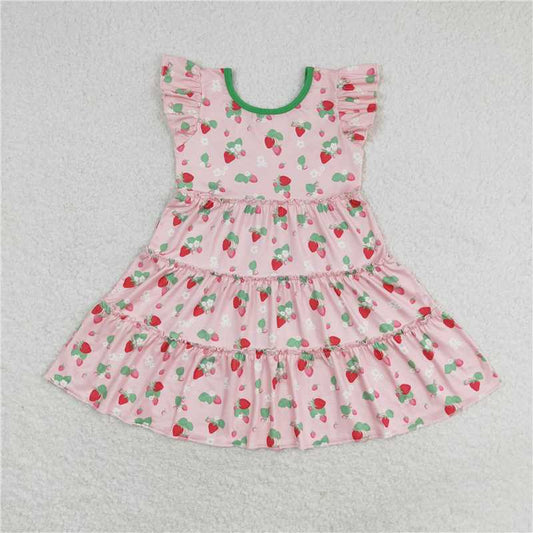 7.22 RTS NO MOQ Summer Baby Girls Dresses GSD1087 Strawberry Flutter Sleeve Knee Length Dresses