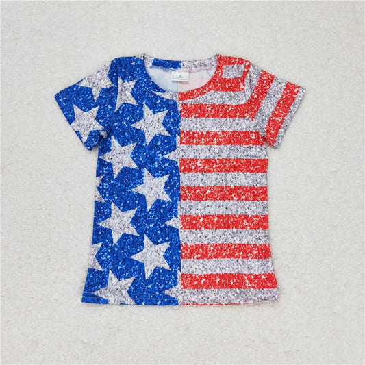RTS NO MOQ Summer Baby Girls Short Sleeve GT0584 4th Of July Stars Stripes Short Sleeve Tee Shirts Tops