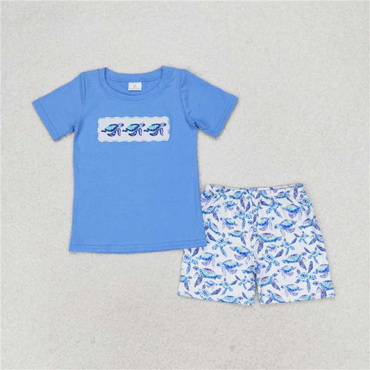 RTS NO MOQ Baby Boys kids Summer Sets BSSO0916 Blue Turtles Tee Shirts Tops Shorts Clothes Sets