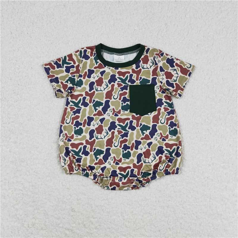 6.27 RTS NO MOQ Baby Boys Summer Bodysuit SR1659 Green Camo Short Sleeve Pocket Rompers