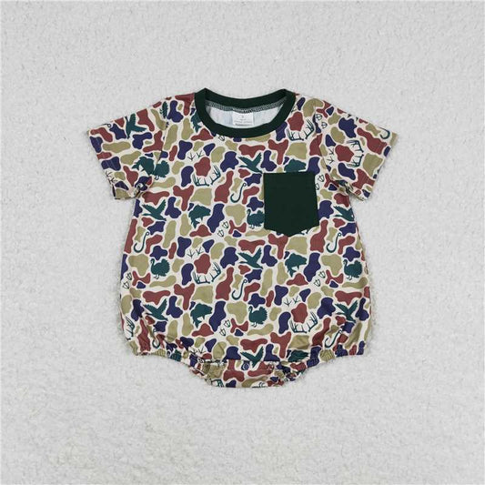6.27 RTS NO MOQ Baby Boys Summer Bodysuit SR1659 Green Camo Short Sleeve Pocket Rompers