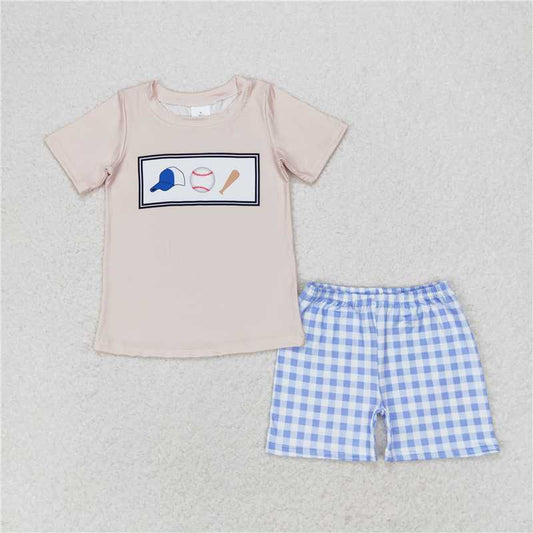 RTS NO MOQ Baby Boys kids Summer Sets BSSO0919 Baseball Beige Short Sleeve Plaid Shorts Set
