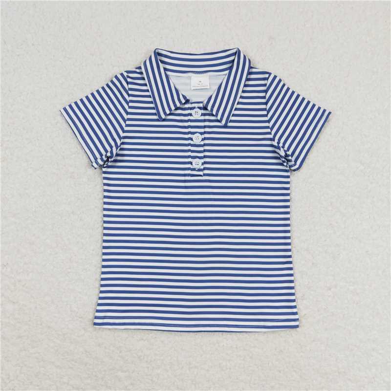 RTS NO MOQ Summer Baby Boys Shirt BT0654 Blue Stripes Short Sleeve Buttons Tee Shirts Tops