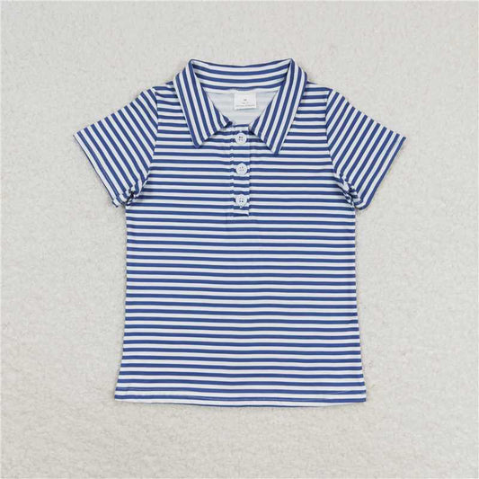 RTS NO MOQ Summer Baby Boys Shirt BT0654 Blue Stripes Short Sleeve Buttons Tee Shirts Tops