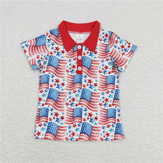 RTS NO MOQ Summer Baby Boys Shirt BT0565 4th Of July Flags Stars Buttons Short Sleeve Tee Shirts