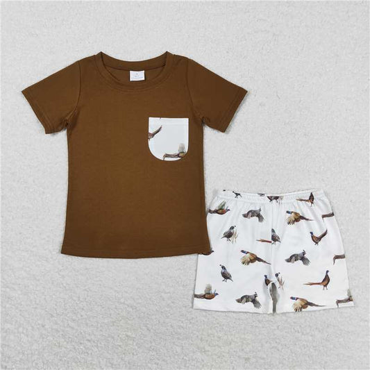 RTS NO MOQ Baby Boys kids Summer Sets BSSO0925 Bird flying white pocket brown short-sleeved shorts suit