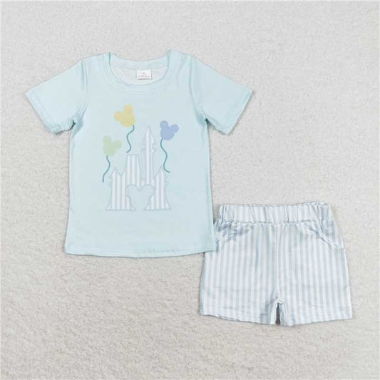 RTS NO MOQ Baby Boys kids Summer Sets BSSO0777 Castle Balloon Blue Short Sleeve Striped Shorts Set