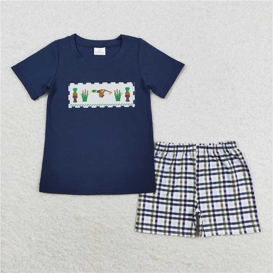 RTS NO MOQ Baby Boys kids Summer Sets BSSO0710 Ducks Shirt Top Gingham Shorts Outfits Clothes Sets