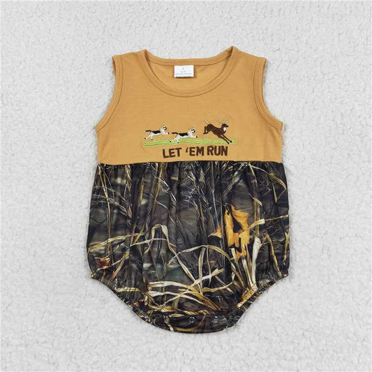 6.27 RTS NO MOQ Baby Boys Summer Bodysuit SR1660 Let'em Run Camo Dog Dear Rompers