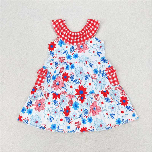 7.22 RTS NO MOQ Summer Baby Girls Dresses GSD1013 Red Flowers Pockets Knee Length Dresses