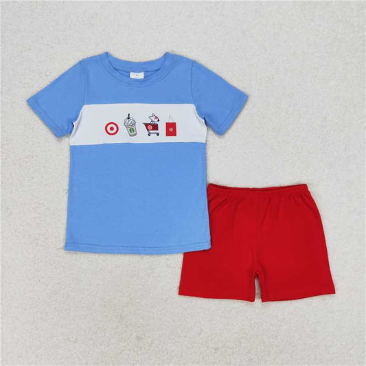 RTS NO MOQ Baby Boys kids Summer Sets BSSO0894 Puppy Target Blue Short Sleeve Red Shorts Suit