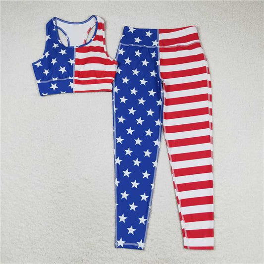 7.4 RTS NO MOQ Adult Women Summer Sets GSPO1486 4th Of July Stars Vest Top Pants Yogo Sports Clothes Sets