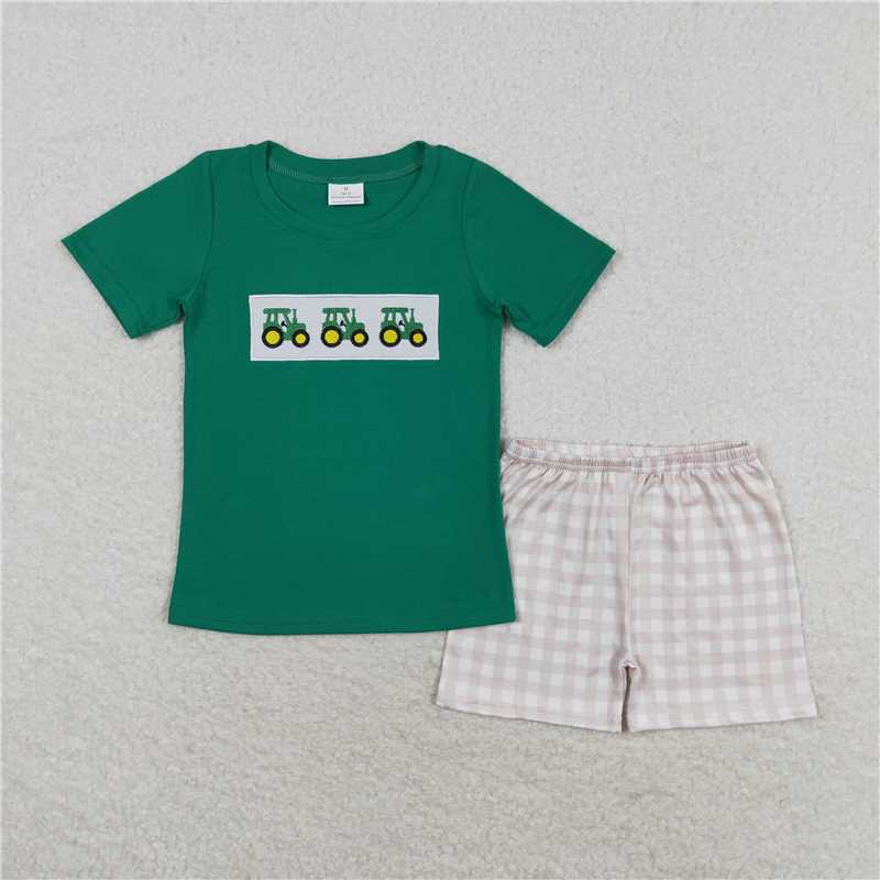 RTS NO MOQ Baby Boys kids Summer Sets BSSO0809 Tractor Green Short Sleeve Plaid Shorts Set