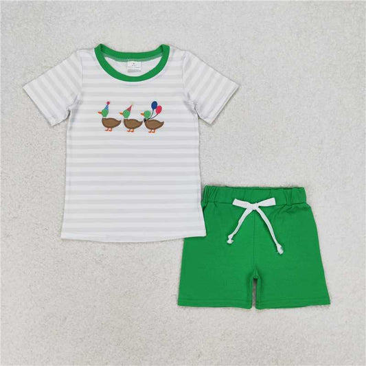 RTS NO MOQ Baby Boys kids Summer Sets BSSO0926 Birthday Balloon Duck Striped Short Sleeve Green Shorts Set