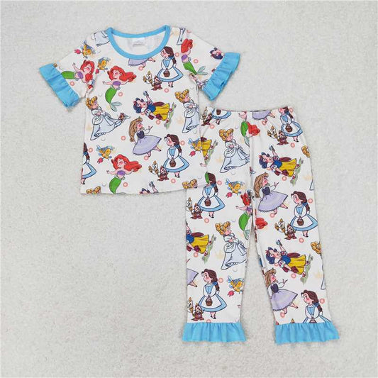 GSPO1556 Baby Girls Mermaid Cartoon Tee Shirts Top Ruffle Pants Pajamas Clothes Sets