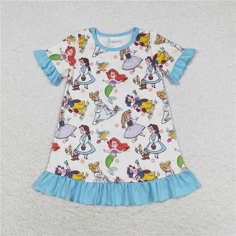 7.22 RTS NO MOQ Summer Baby Girls Dresses GSD1291 Mermaid Cartoon Ruffle Short Sleeve Knee Length Dresses