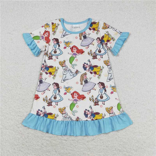7.22 RTS NO MOQ Summer Baby Girls Dresses GSD1291 Mermaid Cartoon Ruffle Short Sleeve Knee Length Dresses