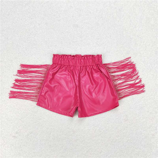 RTS NO MOQ Baby Girls Summer Pants SS0223 Dark Pink Tassel Pleather Shorts