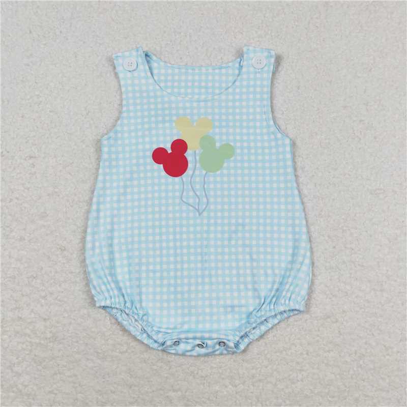 6.27 RTS NO MOQ Baby Boys Summer Bodysuit SR1204 Boys Blue Checkered Mouses Rompers