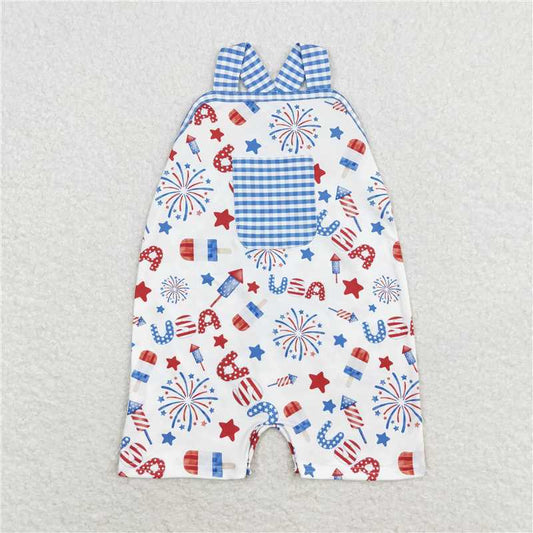 6.27 RTS NO MOQ Baby Boys Summer Bodysuit SR1366 Strap Firework Pocket 4th Of July USA Rompers