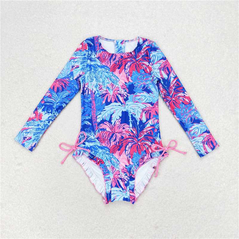 RTS NO MOQ Baby Girls Summer Bodysuit S0377 Sea Trees Long Sleeve One Piece Swimsuits