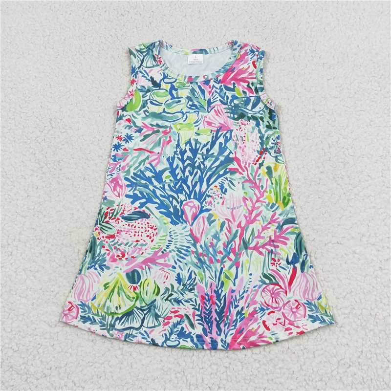 7.22 RTS NO MOQ Summer Baby Girls Dresses GSD1139 Blue Pink Leaves Flowers Sleeveless Knee Length Dresses
