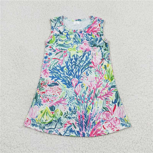 7.22 RTS NO MOQ Summer Baby Girls Dresses GSD1139 Blue Pink Leaves Flowers Sleeveless Knee Length Dresses