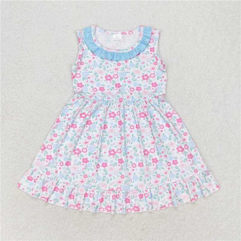 7.22 RTS NO MOQ Summer Baby Girls Dresses GSD1102 Blue Pink Flowers Sleeveless Knee Length Dresses