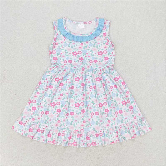 7.22 RTS NO MOQ Summer Baby Girls Dresses GSD1102 Blue Pink Flowers Sleeveless Knee Length Dresses