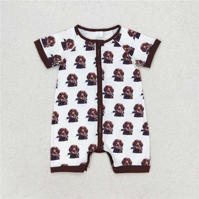 6.27 RTS NO MOQ Baby Boys Summer Bodysuit SR1687 Dog Hunting Short Sleeve Zip Rompers