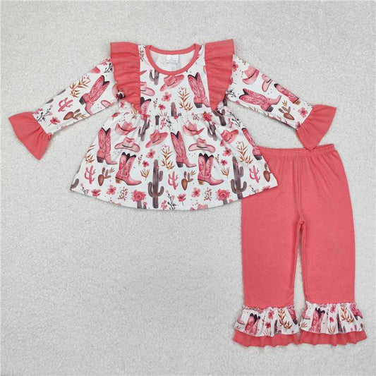 RTS NO MOQ Baby Girls Long Sleeve Outfits GLP1922 Western Boots Tunic Tops Ruffle Pants Clothes Sets