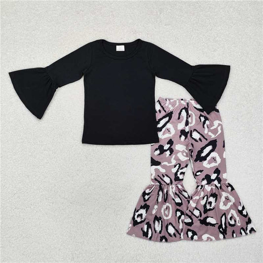 RTS NO MOQ Baby Girls Long Sleeve Outfits GLP1970 Black Cotton Tops Leopard Bell Pants Clothes Sets