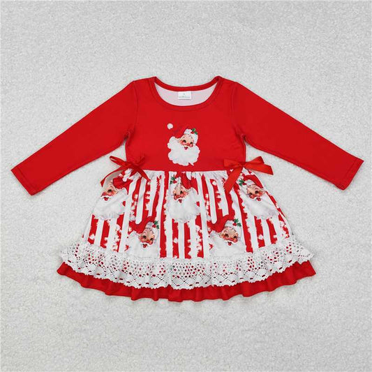 RTS NO MOQ Baby Girls Long Sleeve GLD0881 Christmas Santa Ruffle Knee Length Dresses