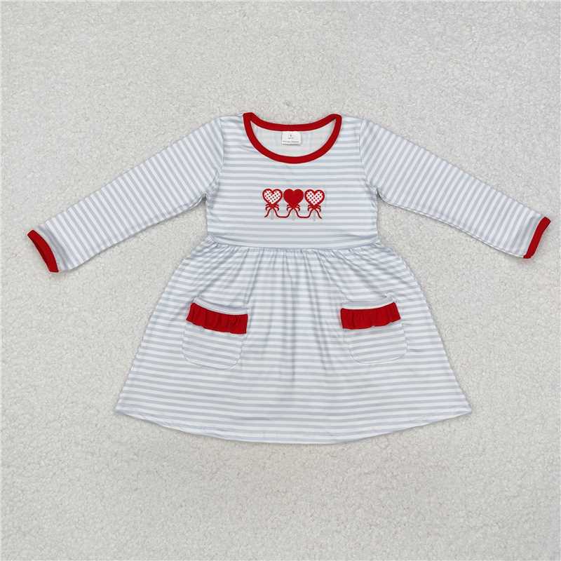 5.15 RTS NO MOQ Baby Girls Long Sleeve GLD0884 Valentines Hearts Grey Stripes Knee Length Dresses