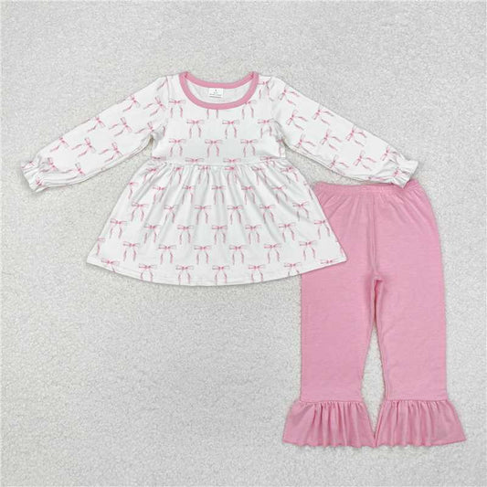 RTS NO MOQ Baby Girls Long Sleeve Outfits GLP1973 Pink Bows Tunic Top Ruffle Pants Clothes Sets