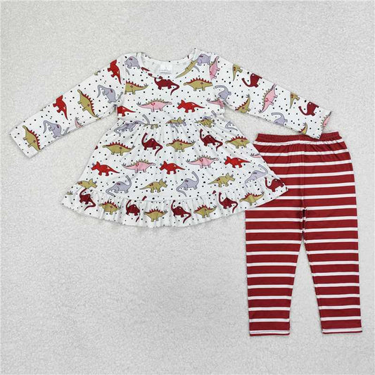 RTS NO MOQ Baby Girls Long Sleeve Outfits GLP2073 Dinosaur Ruffle Tunic Top Stripe Legging Clothes Sets